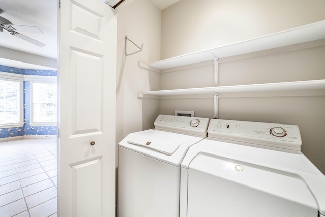 washroom with ceiling fan, light tile patterned floors, and separate washer and dryer