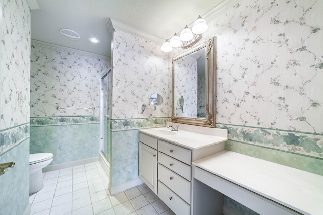 bathroom with an enclosed shower, tile patterned flooring, vanity, toilet, and ornamental molding