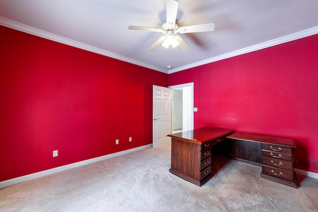 unfurnished office with light carpet, ceiling fan, and crown molding