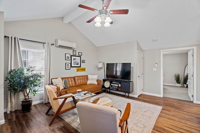 living room with wood-type flooring, lofted ceiling with beams, a wall mounted AC, and ceiling fan