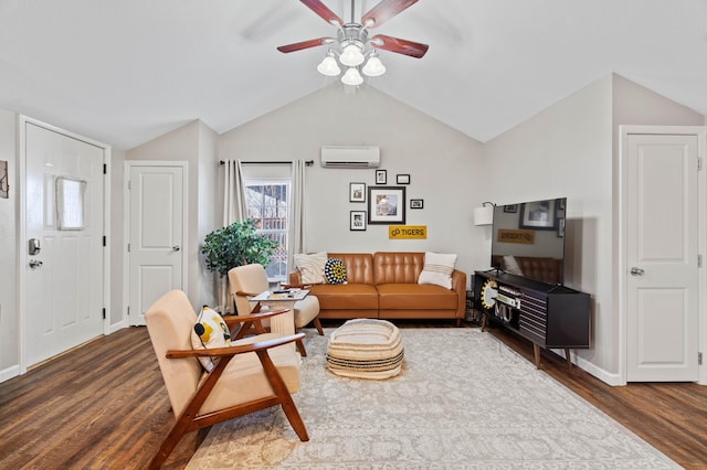 living room with ceiling fan, a wall mounted AC, dark hardwood / wood-style flooring, and lofted ceiling