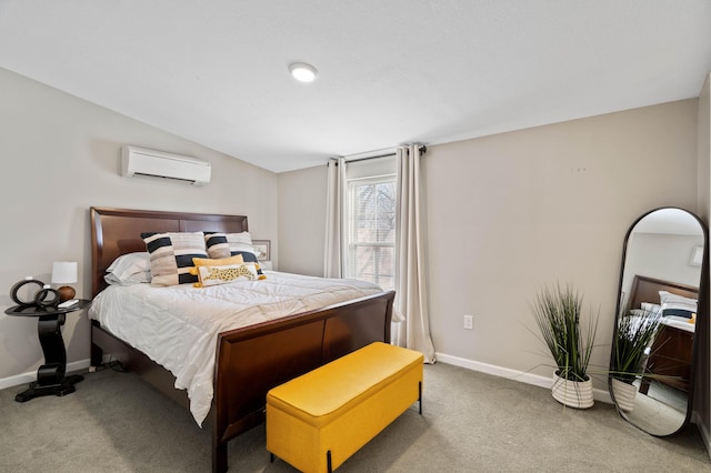 carpeted bedroom with an AC wall unit and vaulted ceiling