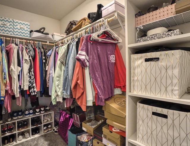 walk in closet featuring carpet floors