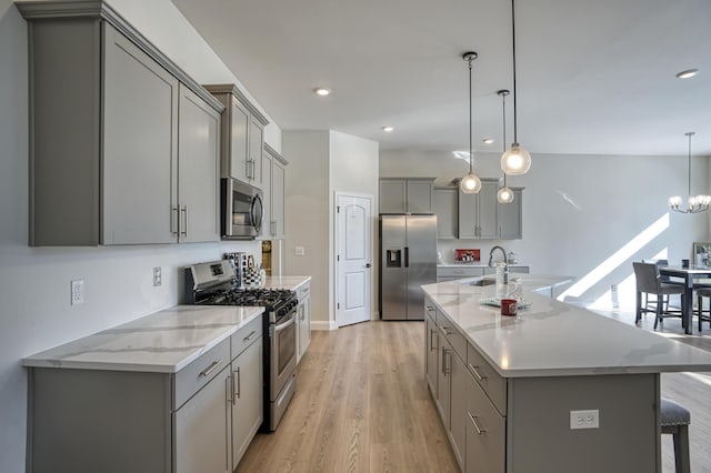 kitchen featuring gray cabinets, a center island with sink, stainless steel appliances, a skylight, and decorative light fixtures