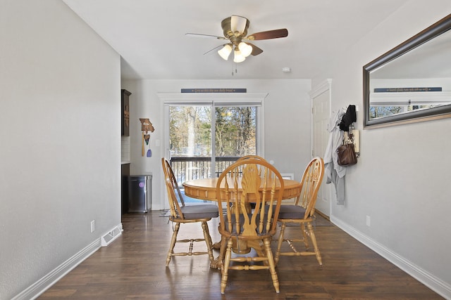 dining area with dark hardwood / wood-style flooring and ceiling fan