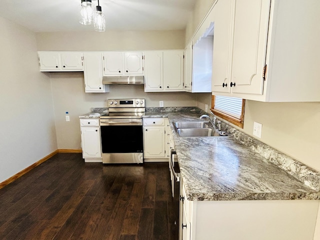 kitchen with sink, white cabinetry, dark hardwood / wood-style floors, and stainless steel range with electric stovetop