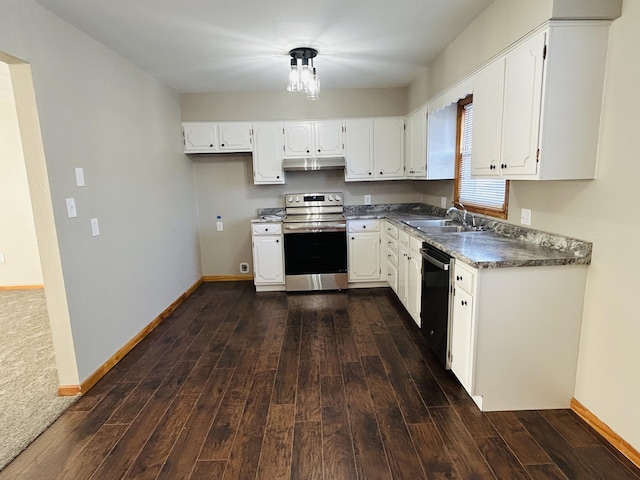 kitchen with black dishwasher, stainless steel electric range oven, white cabinets, and sink