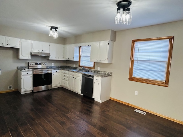 kitchen with dark hardwood / wood-style floors, dishwasher, white cabinets, and stainless steel electric range