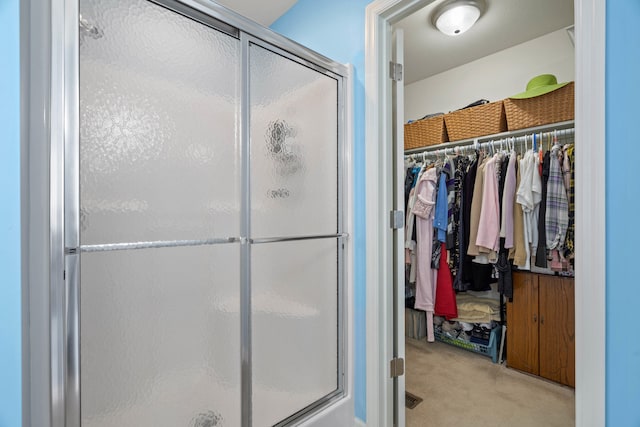 bathroom featuring a shower stall and a spacious closet