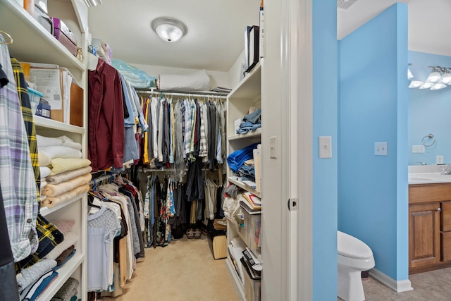 spacious closet featuring light colored carpet