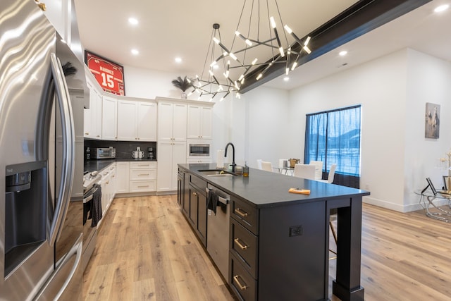 kitchen featuring white cabinetry, appliances with stainless steel finishes, tasteful backsplash, a kitchen island with sink, and sink