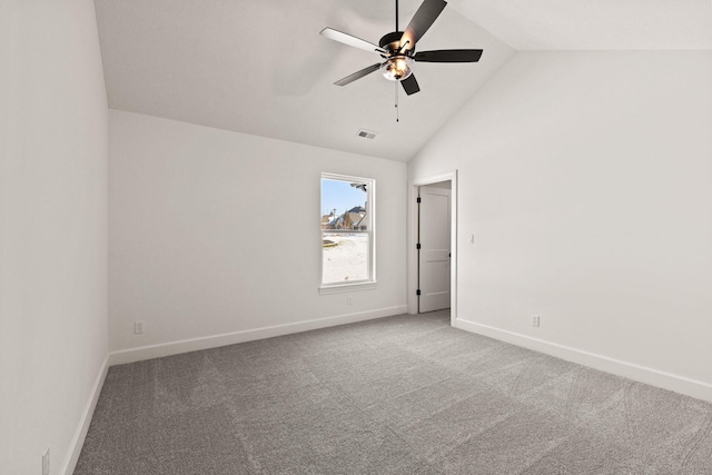 unfurnished room with ceiling fan, carpet, and high vaulted ceiling