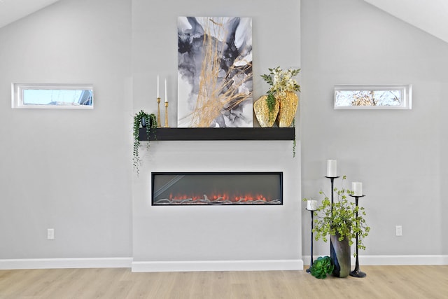 details with a glass covered fireplace, baseboards, and wood finished floors