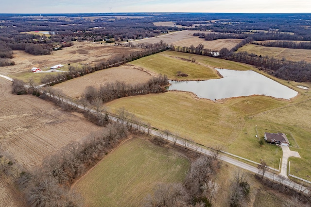 bird's eye view featuring a water view and a rural view