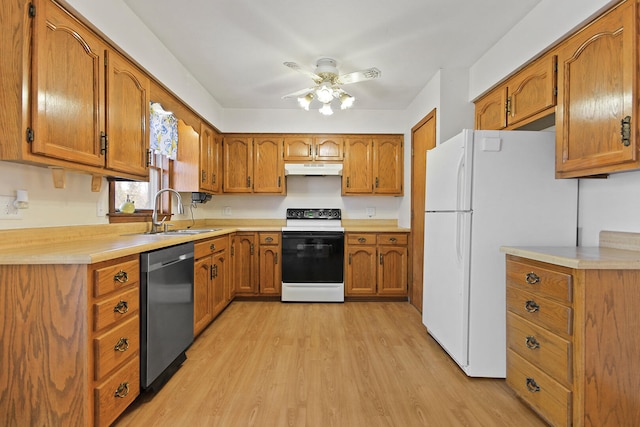 kitchen featuring sink, electric range oven, light wood-type flooring, white refrigerator, and dishwasher