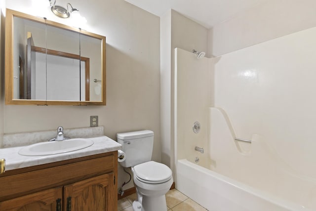 full bathroom with bathing tub / shower combination, toilet, tile patterned floors, and vanity