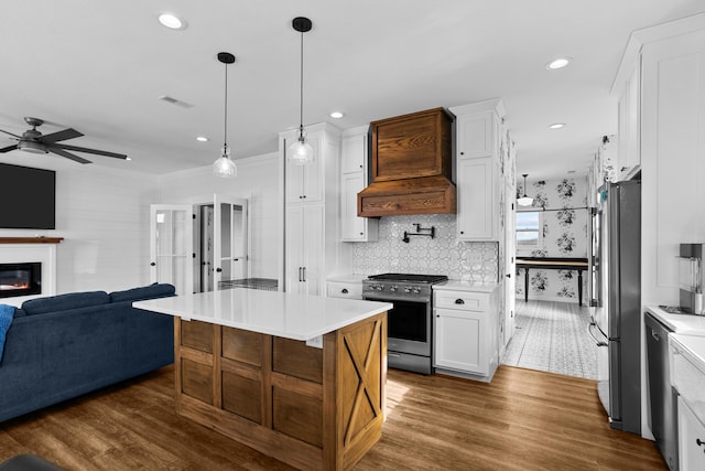 kitchen featuring dark wood-type flooring, stainless steel appliances, a center island, white cabinets, and custom exhaust hood