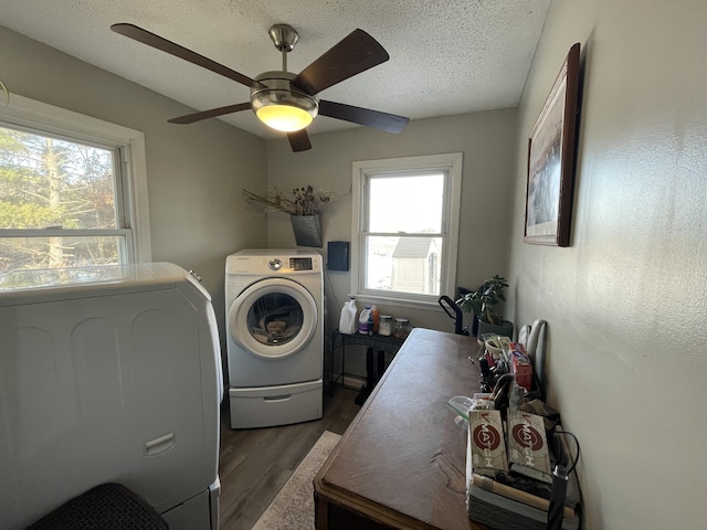 laundry room featuring washing machine and dryer, dark hardwood / wood-style flooring, and a textured ceiling