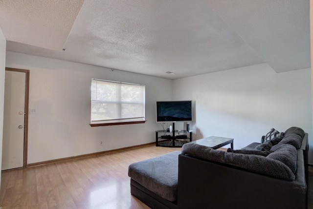 living room featuring light hardwood / wood-style floors and a textured ceiling