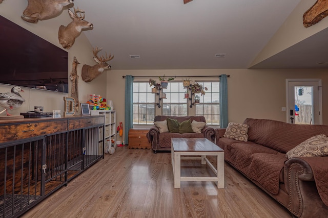 living room with lofted ceiling, light hardwood / wood-style flooring, and a healthy amount of sunlight