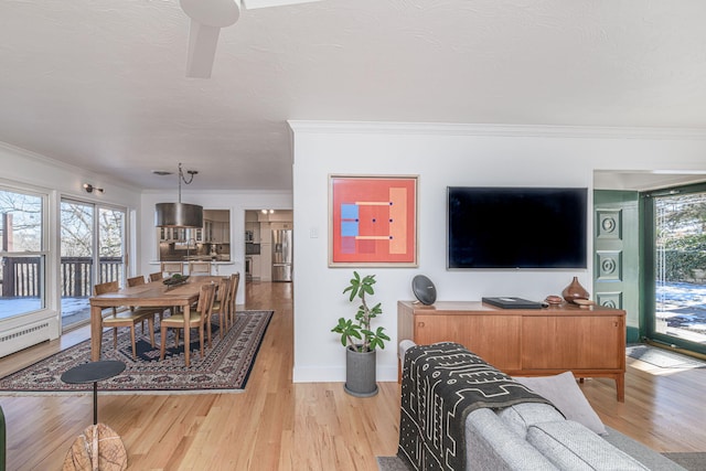 living room featuring a baseboard radiator, ornamental molding, light hardwood / wood-style flooring, and a textured ceiling