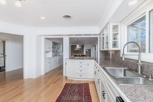 kitchen with sink, light hardwood / wood-style flooring, ornamental molding, white cabinets, and decorative backsplash