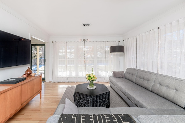 living room with crown molding and light wood-type flooring