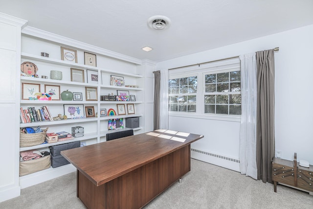 carpeted home office with a baseboard heating unit