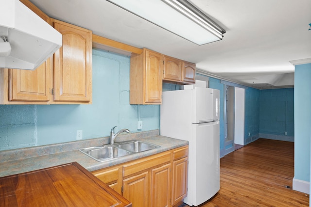 kitchen with sink, hardwood / wood-style floors, white refrigerator, light brown cabinetry, and exhaust hood