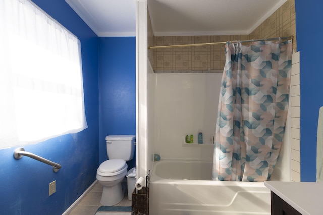 full bathroom featuring tile patterned flooring, vanity, ornamental molding, shower / tub combo, and toilet