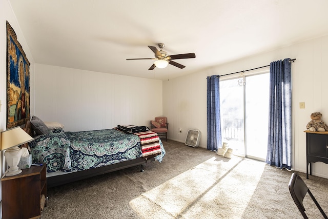 bedroom with ceiling fan, carpet flooring, and access to outside