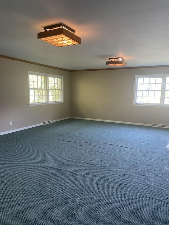 unfurnished room featuring ornamental molding and carpet