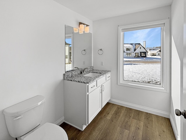 bathroom with vanity, hardwood / wood-style floors, and toilet