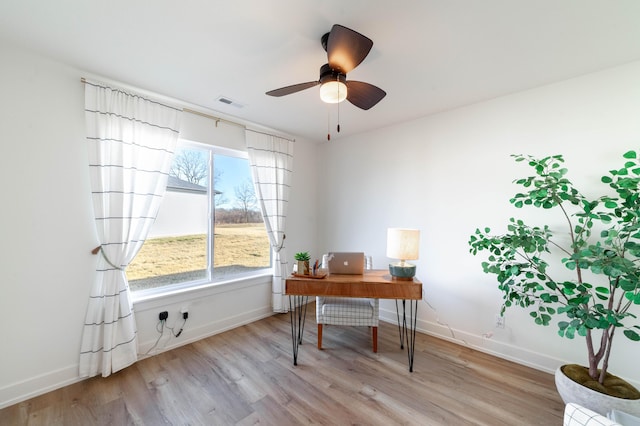 home office with ceiling fan and light wood-type flooring