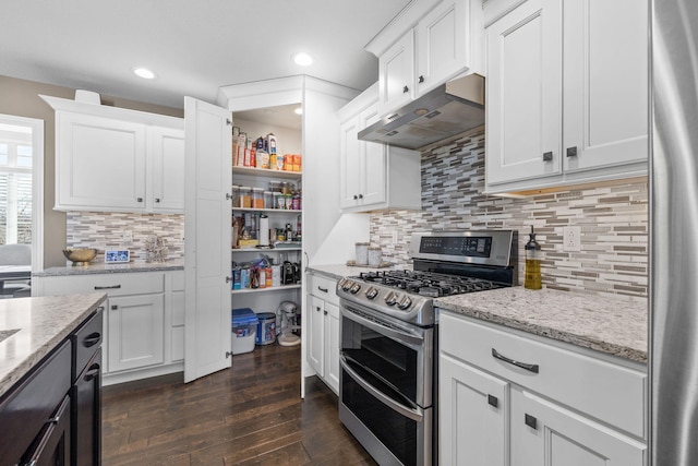 kitchen with light stone counters, stainless steel appliances, dark hardwood / wood-style floors, and white cabinets