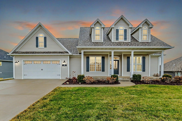 view of front of property featuring a garage, covered porch, and a lawn