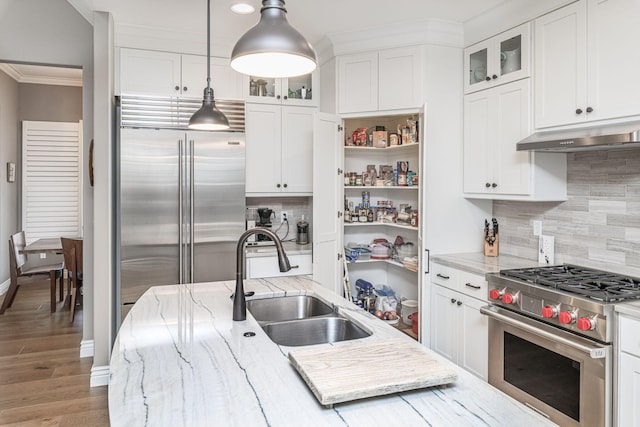 kitchen with premium appliances, hanging light fixtures, light stone countertops, and sink