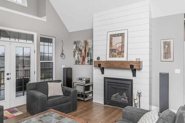 living room featuring a large fireplace, plenty of natural light, french doors, and wood-type flooring