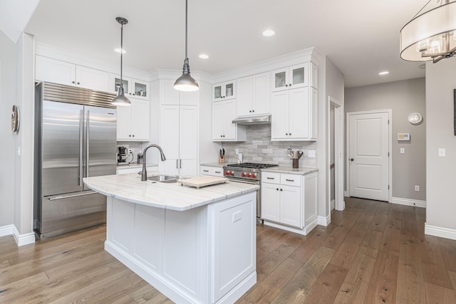 kitchen with white cabinets, a kitchen island with sink, sink, and premium appliances