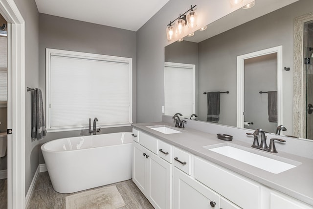 bathroom with vanity and a bath