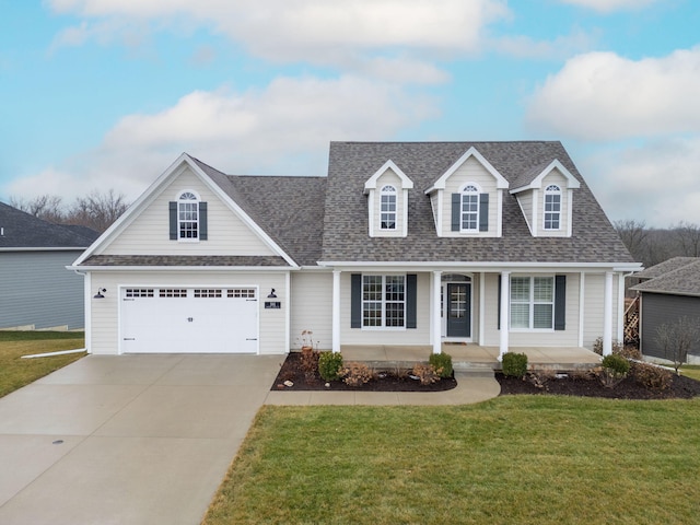 view of front of property featuring a garage, covered porch, and a front lawn