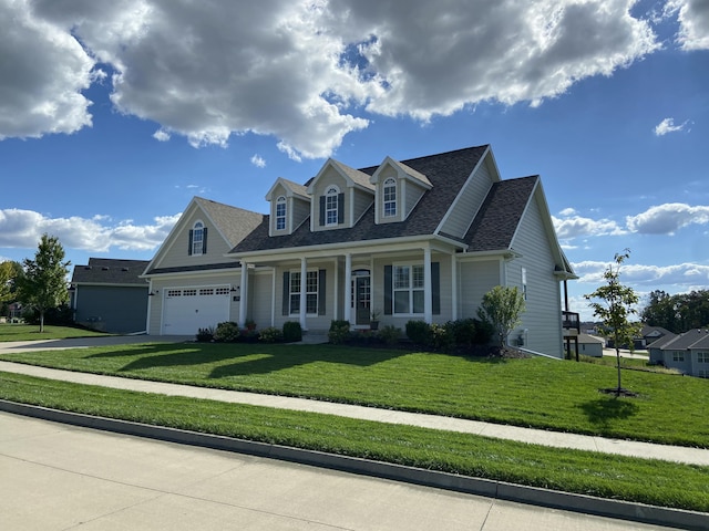 cape cod house with a garage, a porch, and a front lawn