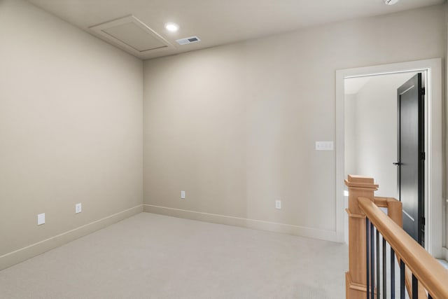 unfurnished room with visible vents, carpet flooring, recessed lighting, and baseboards