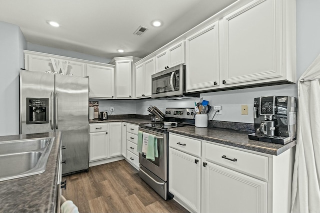 kitchen featuring white cabinetry, sink, dark hardwood / wood-style flooring, and stainless steel appliances