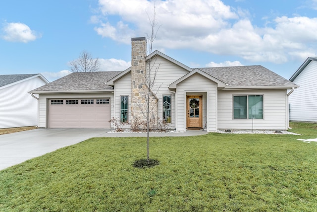 ranch-style home with a garage and a front yard