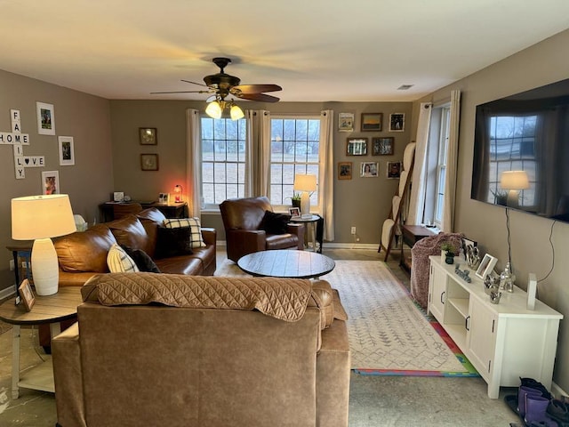 living room featuring ceiling fan