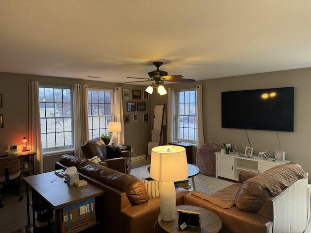 living room with ceiling fan