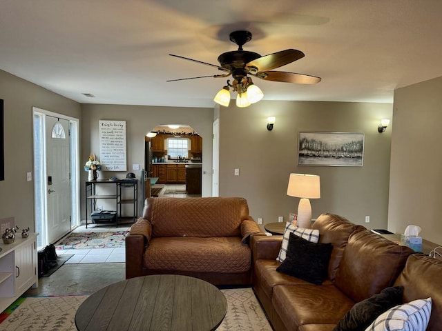 living room featuring ceiling fan