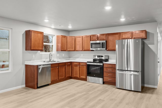 kitchen featuring stainless steel appliances, sink, and light wood-type flooring