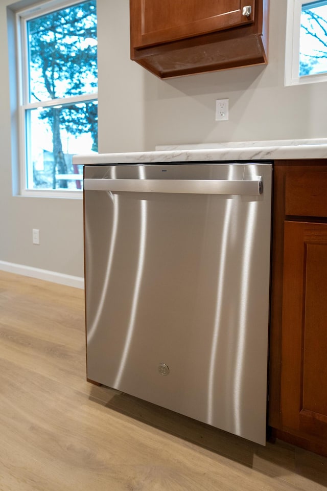 room details with light hardwood / wood-style flooring and dishwasher